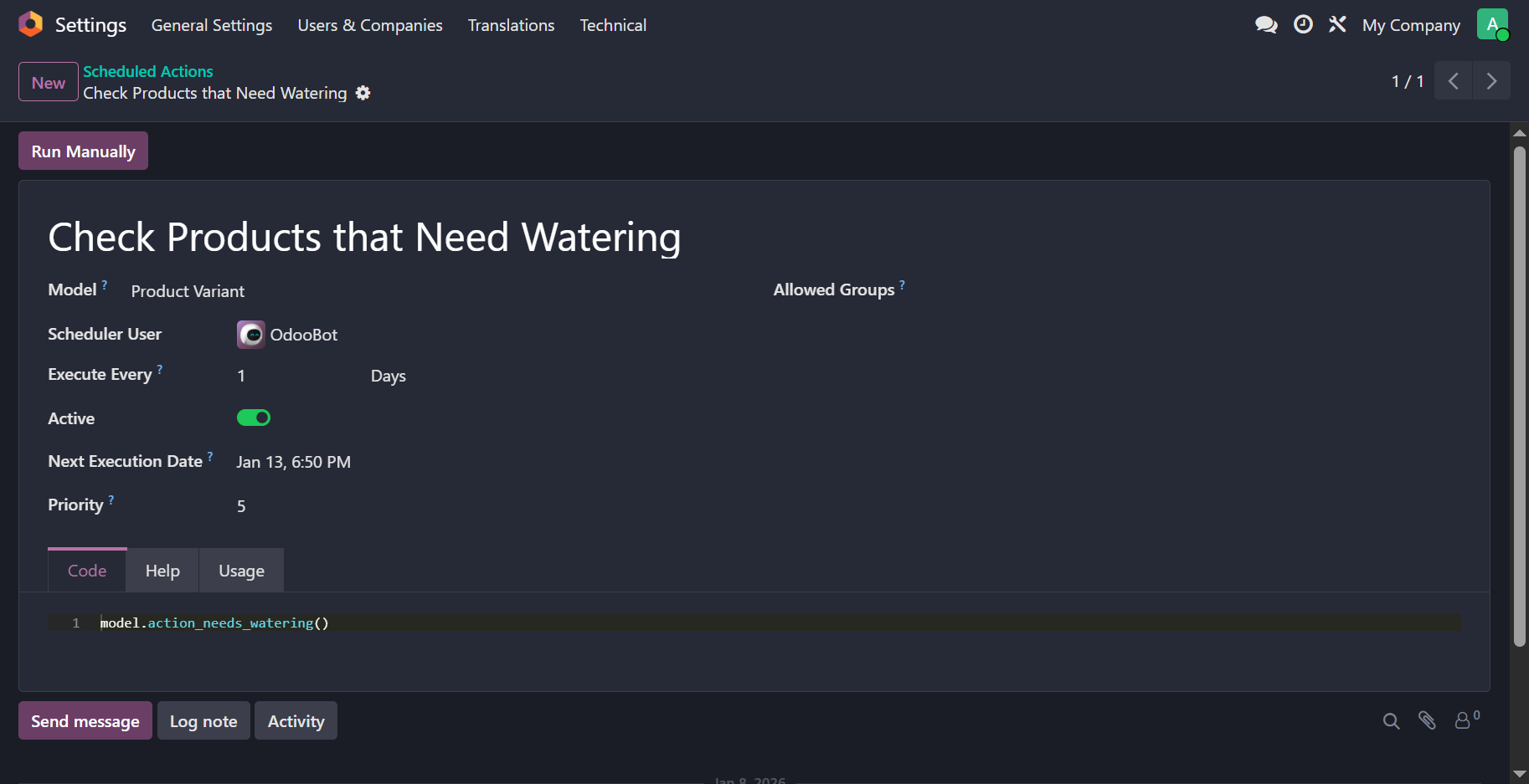 Scheduled action for marking flower products that need watering