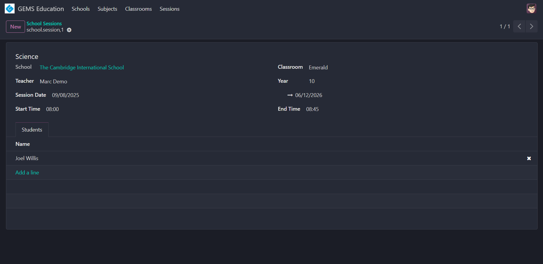 Session form view with data