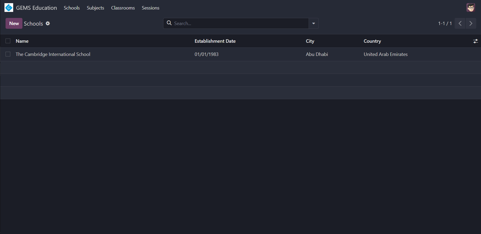 School list view with data