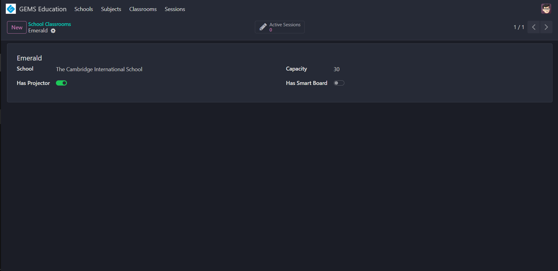 Classroom form view with data