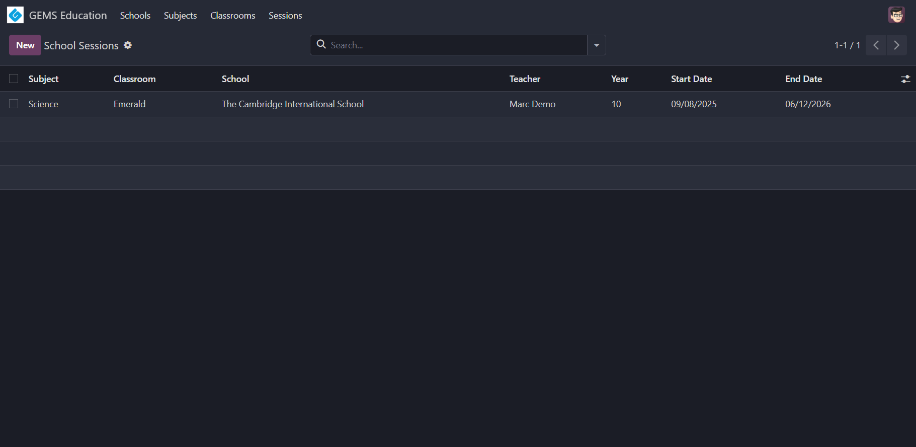 Session list view with data