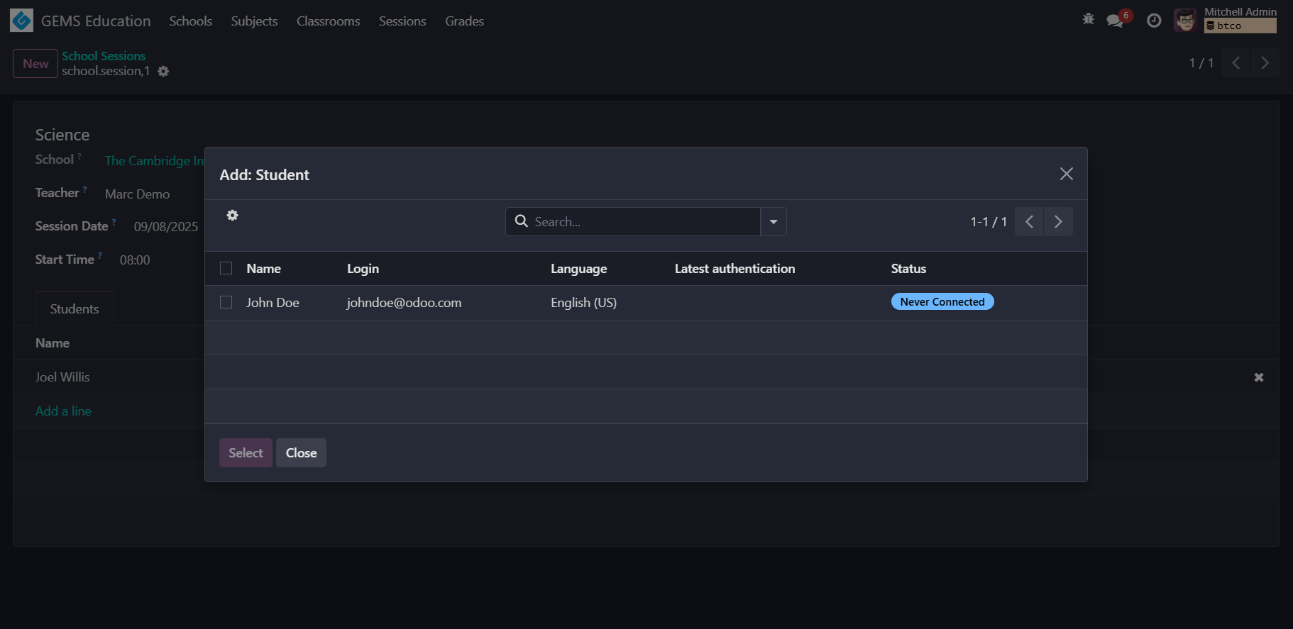 Wizard to add students to session