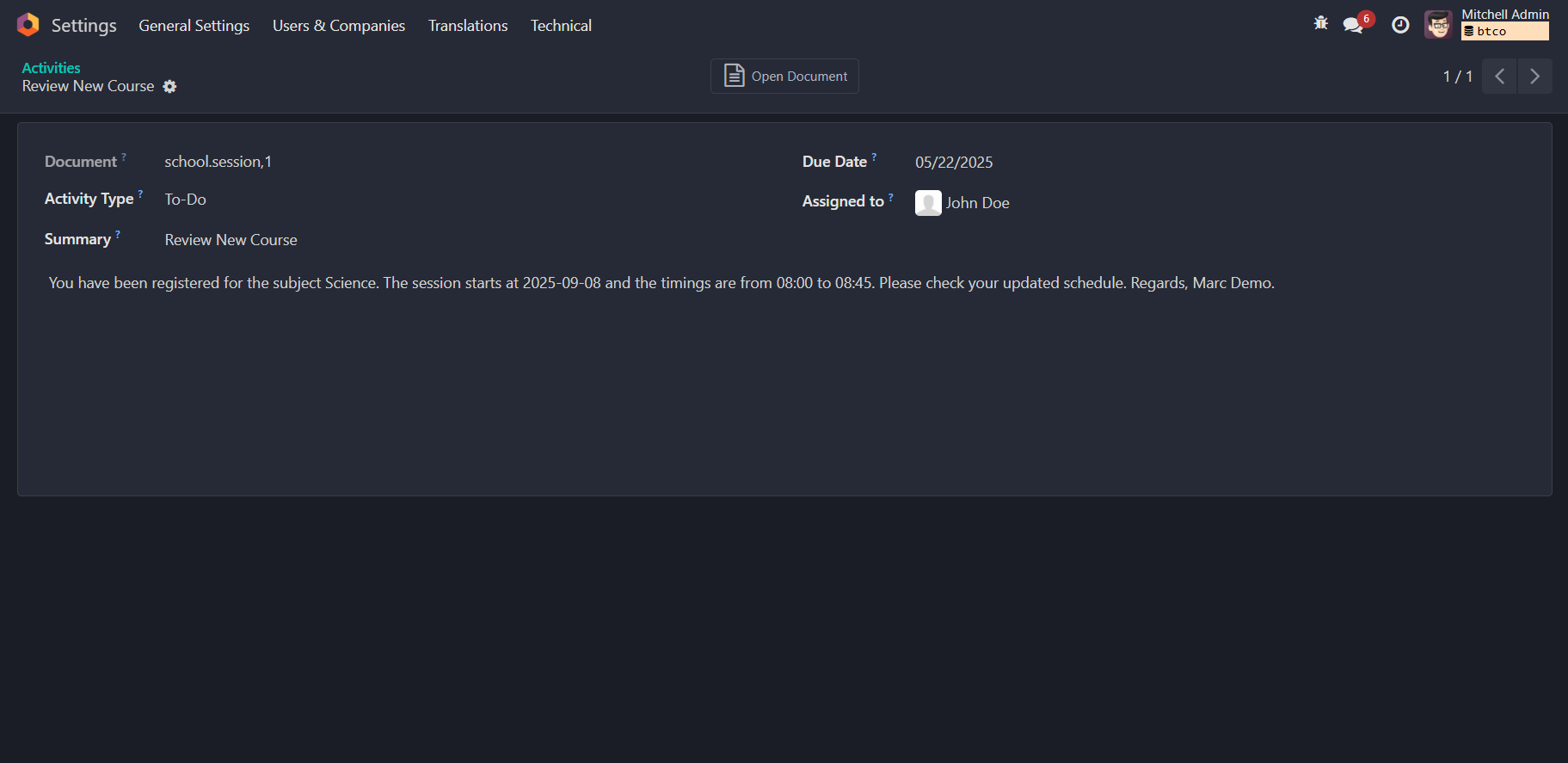 Activities form view